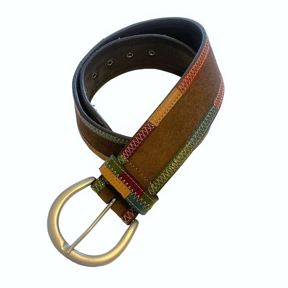 Brown Genuine Suede Leather Belt with Multcolor Trim Womens Small Wide Boho - Picture 1 of 9